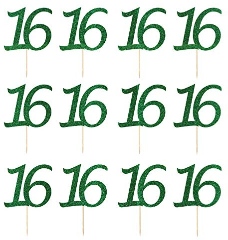 LissieLou Number 16 Cupcake Toppers Pack of 12 in Pretty Glitter Card, Made in the UK - Green