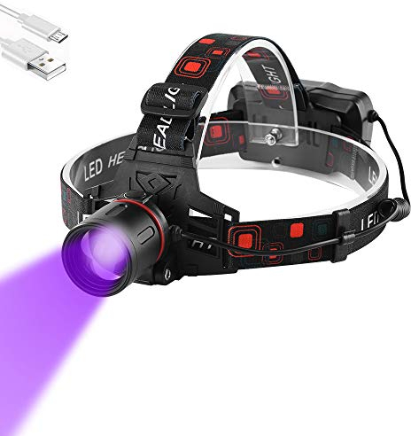 WESLITE Lampada Frontale UV, Ultravioletti Torcia Frontale LED Ricaricabile 395-400nm Viola Lampade da Testa Luce Nera per Scorpioni, Perdite di Olio HVAC Automatico, Pesca (UV LED)