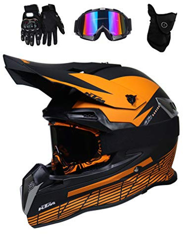 MRDEAR Motocross-Helm Set - Orange Schwarz - Motorrad Cross Helm mit Brille Handschuhe Maske, Fullface MTB Helm Adult Schutzhelm Motorradhelm Sicherheit Schutz (L)