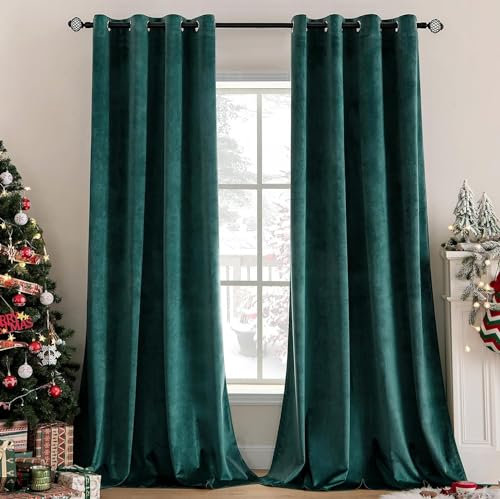 MIULEE Dark Green Velvet Curtains for Bedroom 2 Panel Set 90 Inch Drop Curtains, Soft Elegent Home Decor Velvet Curtain Living Room, Sun Blocking Room Darkening Thermal Eyelet Curtain 46x90 Inch