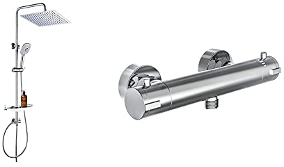 JOHO VC-3030-ABLAGE CP Duschset Regendusche, Chrom & EISL CLAUDIO, Mischbatterie mit Thermostat, Thermostatarmatur mit Sicherheitssperre bei 38°C, Duscharmatur mit Wassersparfunktion, Chrom