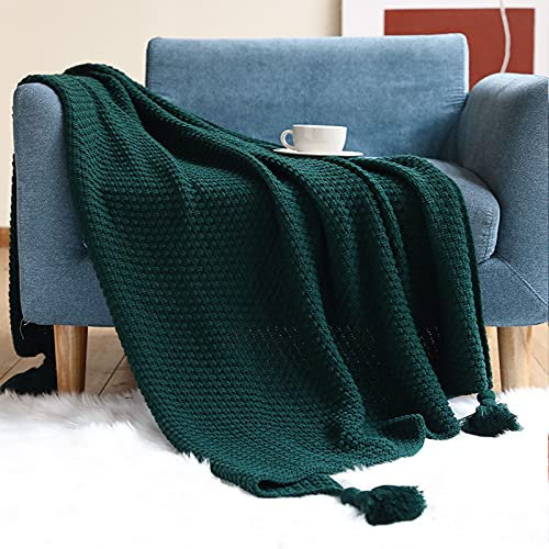 Zoomlie Weiche Strickdecke für Sofas, groß mit dekorativen Fransen, 130 x 170 cm, gemütliches Rautenmuster, klassisches Design, Decke für Büro, Schals, Couch, Bett (grün, 130 x 170 cm)