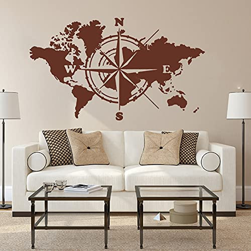 QIANGTOU Große Weltkarte Atlas der Welt Kompass Wandaufkleber Büro Klassenzimmer Global Earth Weltkarte Aufkleber Schlafzimmer Vinyl Dekor 130x75cm