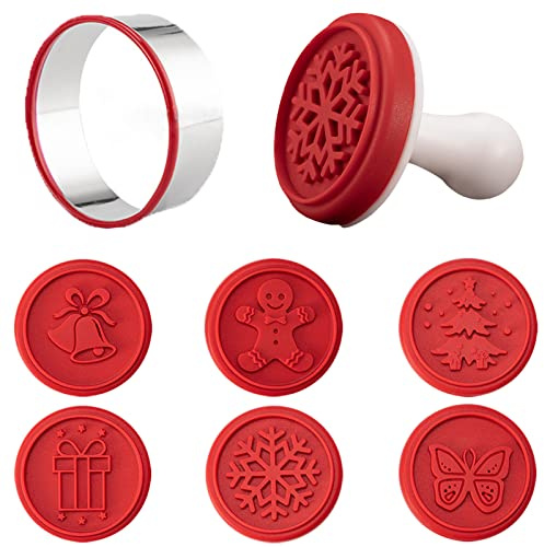 Christmas Cookie Stamps Set of 6, Heat Resistant Silicone Cookie Stamps for Baking, Include 6 Stamps, 1 Round Cookie Cutter, 1 Press, Christmas DIY Baking Gift, Non Stick and BPA Free