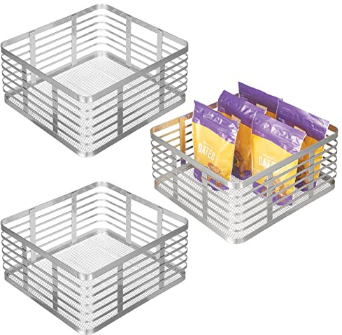 mDesign Stahldraht-Aufbewahrungskorb für die Küche, für Speisekammer, Schrank, Schrank, Organisation, hält Lebensmittel, Nudeln, Snacks, Carson-Kollektion, 3er-Pack, Chrome