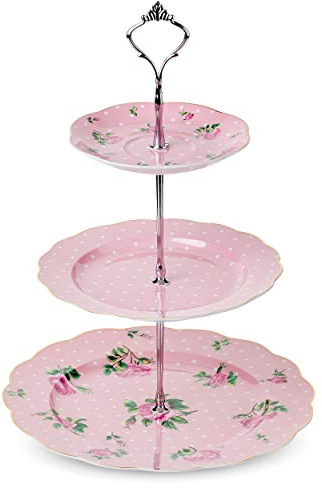 BTaT- Floral 3 Tier Cake Stand, Porcelain, Pastel Pink with Pink Roses & Gold Trim, 3 Tiered Dessert Stand for Cookies, Cupcakes & Fruits, Mothers Day Gift