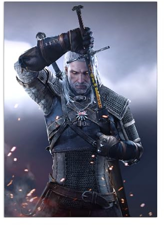 Displate Offizielles Hexer-Metallposter, magnetische Befestigung, lizenziertes Kunstwerk, moderne Wanddekoration, wilde Jagd-Figuren – Geralt-Schwert-Poster, 45 x 32 cm