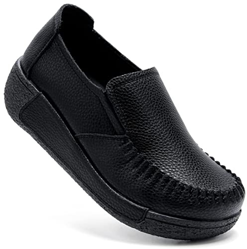 Women's Penny Loafers Slip On Platform Chunky Shoes Ladies Genuine Leather Memory Foam Non-Slip Comfort Casual Dress Shoes Black US 8