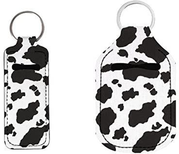 Dreaweet Stylish Cow Print Chapstick Holder Keyring for Lipstick Lip Balm, Black White Hand Sanitizer Holder Keychain for Girls Women Kids, 2 Packs