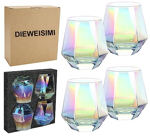 DIEWEISIMI Stemless Wine Glasses Set of 4, Modern Rainbow Diamond Wine Glass, Lead-Free Premium Crystal Iridescent Wine Glasses Set for Daily Use Wedding Anniversary or Birthday Gift