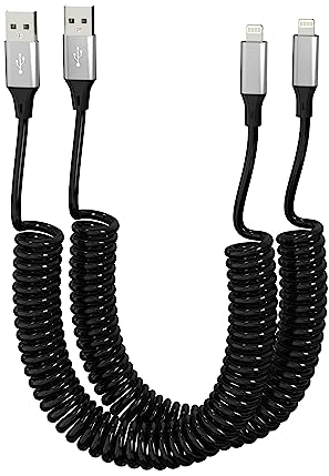 Coiled iPhone Lightning Cable 2 Pack, Apple Carplay Compatible [Apple MFi Certified], Coiled USB to Lightning Cable with Data Sync, Short Coiled iPhone Charger Cord for Car