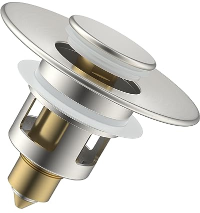 Hibbent handfatsplugg lämplig för 25 mm till 46 mm, pop-up-handfatsplugg med dräneringssil, mässingshylsa kärna trycktyp dräneringsplugg, universell diskbänkstoppare ersättning för badrum och kök,