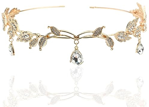 Larfraecy Goddess Tiara - Elf Princess Crown Tiara for Women Girls - Crystal Rhinestone Wedding Head Band Forehead Headpiece for Bride Bridesmaid - Gold