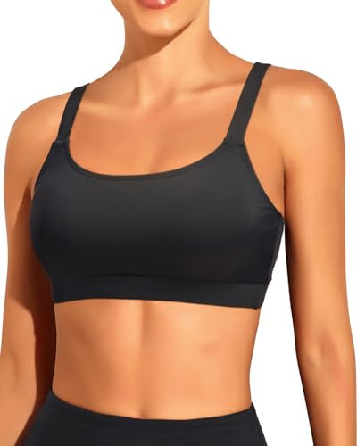 Tempt Me Women Black Sports Bra Bikini Tops Scoop Neck Bathing Suits Top Padded Swim Crop Tops Only L