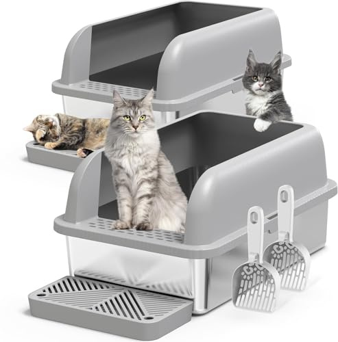 Suzzipaws Icke-klibbig belagd kattlåda i rostfritt stål med lock, extra stor kattlåda för stora katter, XL metallsandspanna med höga väggsidor, anti-läckage, enkel rengöring