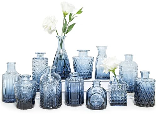 SUPMIND Glass Bud Vase Set of 12, Small Blue Flower Vases for Centerpieces in Bulk, Mini Vintage Vase for Wedding, Home,Table Decoration