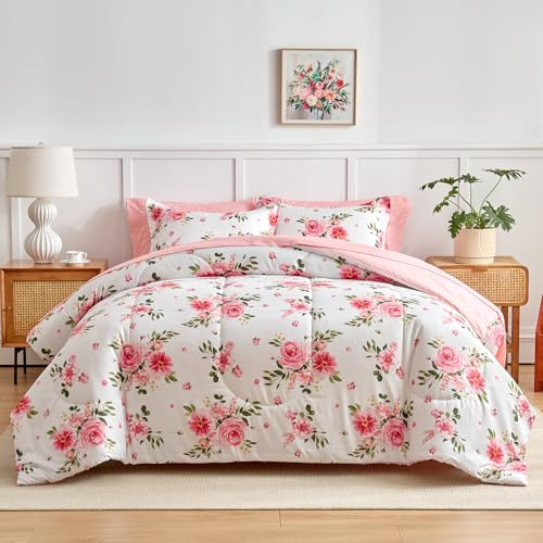 Flower Comforter Sheet Set White Bed in a Bag 7 Pieces Cal King Size Dark Pink Floral Bedding Set (1 California King Comforter 2 Pillow Shams 1 White Flat Sheet 1 Fitted Sheet 2 Pillowcases)