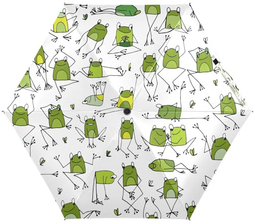 Quteprint Regenschirm mit niedlichem Tiermotiv und lustigem Frosch, 5-fach faltbar, UV-beständig, winddicht, 6 Rippen, leicht, kompakt, faltbar, für Erwachsene, Teenager, Kinder, Mädchen, Jungen