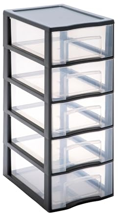 SUNDIS Tag Tower, cassettiera plastica, 5 cassetti A4 trasparenti, altezza 61 cm, ideale per l'archiviazione in ufficio, lezioni, documenti, materiale di consumo