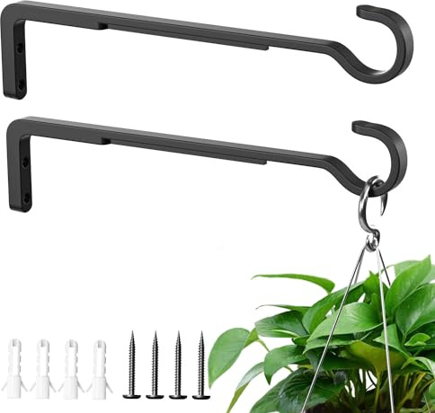 Hanging Basket Brackets Outdoor,Hanging Basket Hooks,Heavy Duty,25CM 2 Pack | Black, Metal, Indoor Plant Hanger Wall Mount, Wall Brackets for Hanging Baskets, Bird Feeder, Wind Chime, Garden Fence Hooks