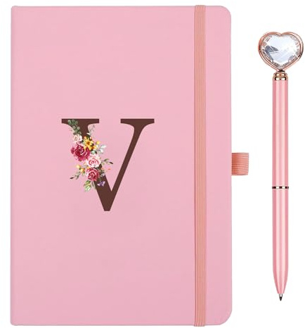 Personalisiertes A5 Notizbuch mit Initialen, PU Leder Journal mit Stift, Tagebuch für Erwachsene Schule Freundin Schwestern Mädchen Teenager Frauen Geburtstag Abschluss Geschenk Muttertagsgeschenk(V)