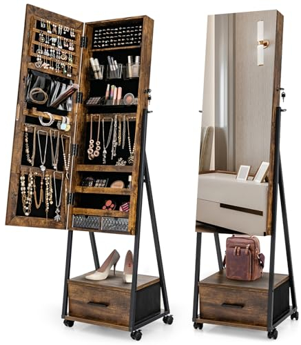 HOMASIS Armadietto Portagioie con Cassettiera, Specchio Portagioie da Terra Rimovibile con 4 Ruote con Freni, Organizzatore per Gioielli con Serratura, con Specchio a Figura Intera (Marrone)