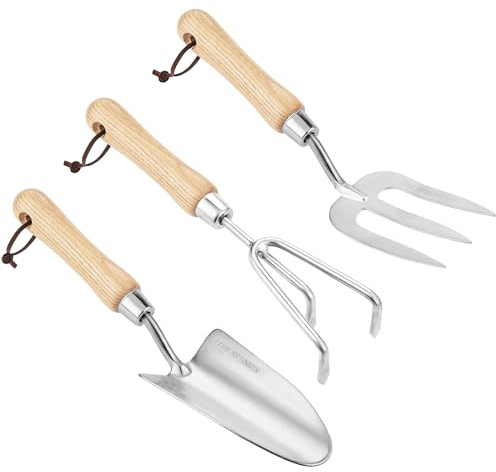 Florosa Garden Set d'outils, 3 pièces, Cadeau de Jardin pour Femme, Comprend Un râteau à Trois Griffes, Une Fourche, Une poignée en Bois Ergonomique et Une poignée en Acier Inoxydable