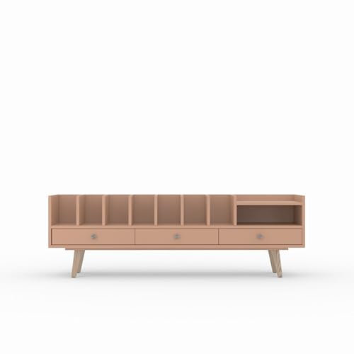 TV Schrank POPPY, lackiert NCS 3020y50r Dunkel Sandrosa, Kühler Ton, offene Vinylböden und Plattenhalter, 3 Schubladen, skandinavisches Sideboard, 190 x 56 x 43 cm