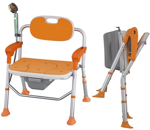 Chaise Percée Adulte, Chaises Percées Pliantes avec Accoudoirs et Dossier, Chaise Percée Toilette Robuste, Réglable en Hauteur, Amovible, élargissante, Fifth Gear (Orange)