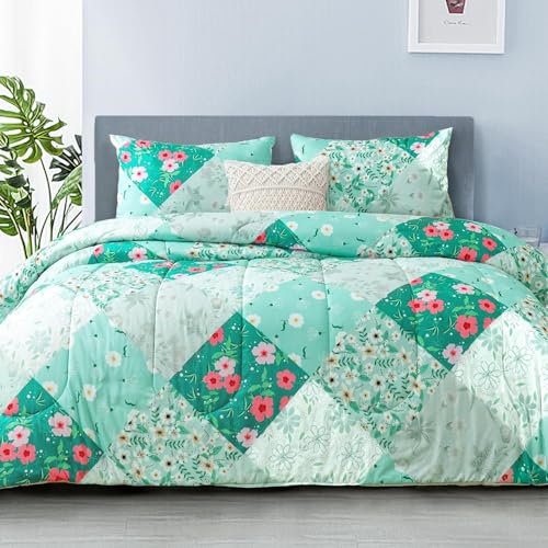 Bettdecke 200x220 Ohne Bezug Nutzbar, Blumenblatt Patchwork Bettdecken Waschbar Ganzjahresdecke Grün 4 Jahreszeiten Steppdecke, Bettzeug Microfaser mit 2 Kissenbezug für Sommer Winter Doppelbett