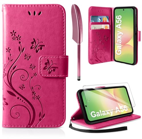 AROYI Lederhülle für Samsung Galaxy A56 5G Hülle und Schutzfolie | Rosenrot Flip Wallet Handyhülle PU Leder Magnet Ständer Tascher Kartenfach Case Schutzhülle
