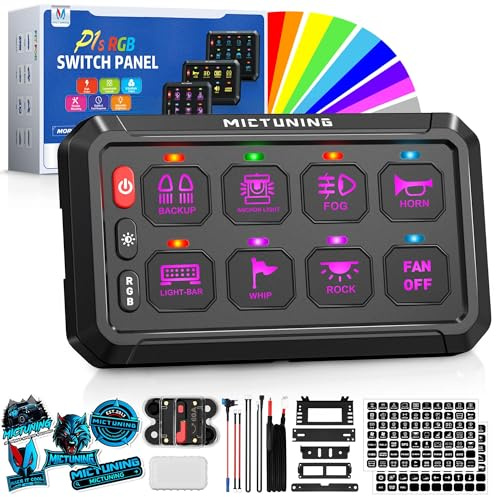 MICTUNING Pannello interruttori P1s RGB da 12,7 cm, 8 gang, ad alta potenza, luminosità a 5 livelli, multifunzione, interruttore a levetta momentaneo di controllo del circuito relè per camion, SUV,