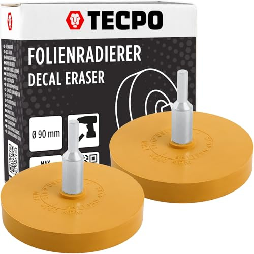 TECPO 2 gomas de borrar para taladros, disco de goma de borrar elimina de forma fiable los restos de pegamento y residuos, adaptador de 5/16 pulgadas x 24 mm, 4000 rpm, diámetro de 90 mm, compacto y