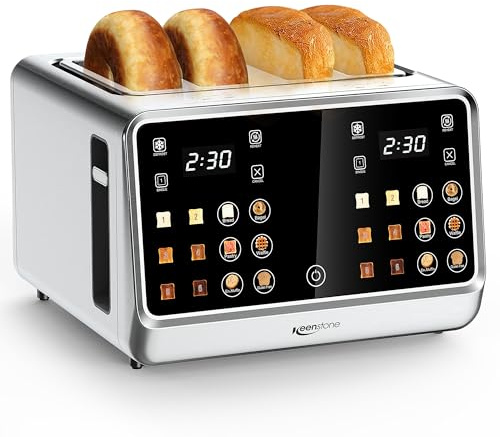 Keenstone Toaster 4 Slice, Digital Smart Toaster with TouchScreen, Dual Control Panel, Single Slot Toasting, Timer, Reheat & Defrost for Bagels, Bread, Waffles, Stainless Steel Kitchen Essentials