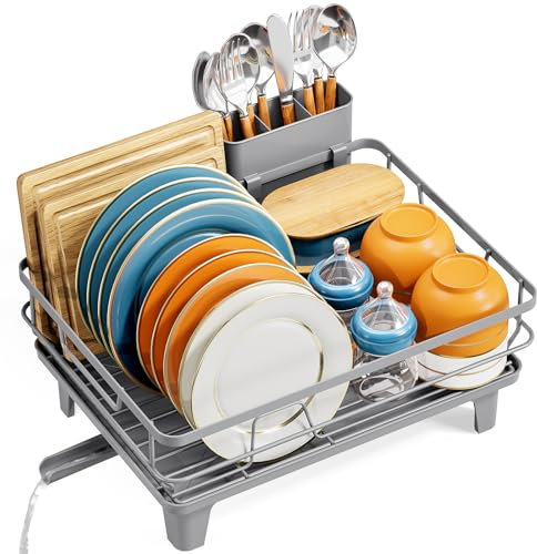 Scolapiatti da Appoggio, Scolapiatti da Lavello con Portautensili, Scolapiatti Salvaspazio con piedini rialzati, Gocciolatoio per Lavello per Piano Cucina di Grande Capacità, 41.5x31x17.5 cm,Grigio