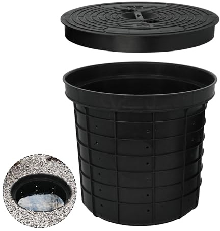ISXACFF 15 Gallon Sump Pump Basin with Lid Perforated Sump Basin Pump Bucket 16.9 x 18.5 x 15.8 Black Catch Pump Basin with Drilled Holes for Driveways, Patio Decks, Underground Spaces