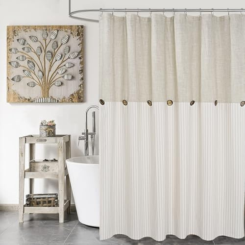 DOSLY IDÉES Farmhouse Duschvorhang, Beige Gestreift, mit Knöpfen, Leinen- und Baumwollmischgewebe, Rustikaler Charme, Landhausstil, 180 x 180 cm