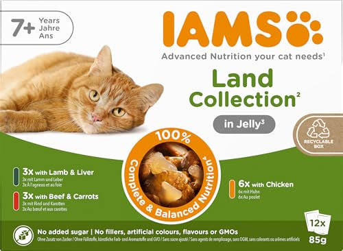 IAMS Senior Wet Cat Food Meat Variety Mix in Jelly 12 x 85g - No Added Sugar