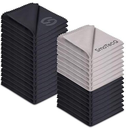 SmoTecQ 32 Pack Microfiber Cleaning Cloths for Glasses (Individually Wrapped) - Premium Optical Lens Cleaner for Screens, iPhone, iPad, Camera & Eyeglasses - Washable & Lint Free (Black & Grey)