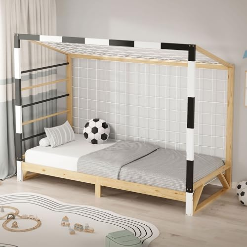 ML-Design Juniorsäng med Fotbollsmål 90x200 cm Träsäng med Ribbotten Klätterstege och Skyddsnät Barnsäng i Furu Enkelbädd för Unga Sängram för Pojkar och Flickor Fotbollsmål Lekbädd för Barn