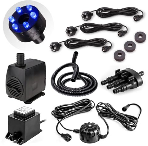 CLGarden Springbrunnenpumpe SP3-SL Set mit 3 blauen LED-Ringen und automatischer Lichtsteuerung, leise Tauchpumpe 1300l/h für Gartenbrunnen, Quellsteine, Zierbrunnen