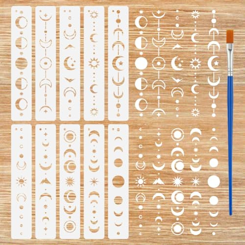 FINGERINSPIRE 10 Stück Mondphasen Schablonen Zum Malen Mit Pinsel 28x5cm Mond/Stern Rahmen Vorlage Hintergrundschablone Mit Ausgehöhltem Rand Kunststoff PET Rand Themenvorlage Für Wanddekoration