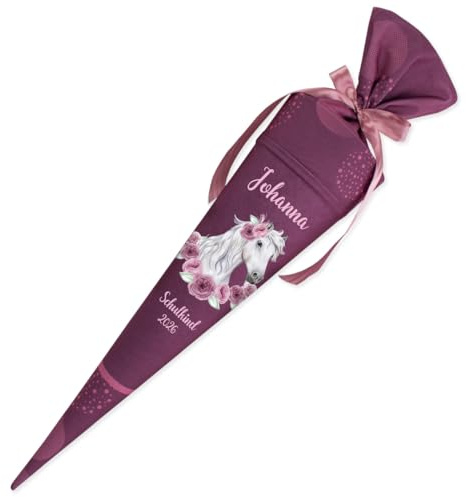 Deine Schultüte aus Stoff Kuschel Velvet Wunschmotiv individualisierbar mit Wunschname personalisierbar 70 cm 85 cm – Mädchen (85 cm mit Kissen, Modell 6: Pferd)