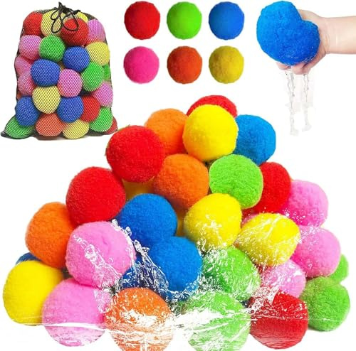 Keeplus 60 Stk Wiederverwendbare Wasserschwammkugeln, Bunte Baumwollwasserbomben, Wiederverwendbare Wasserbomben, Wasserspielzeug für Pool, Strand und Garten