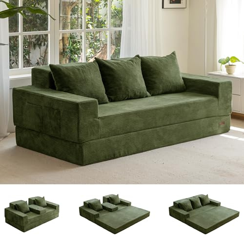 MAXYOYO Schlafsofa, Cord-Bodencouch, Klappsofa mit Getränkehalter und Dekokissen, Bequemes Kompressionssofa für Wohnzimmer, Schlafzimmer, Gästezimmer