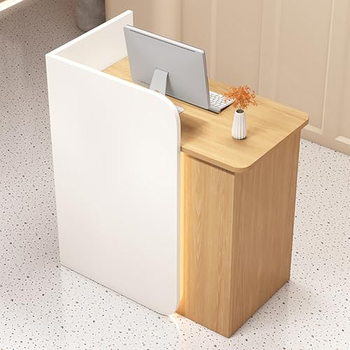 Descrito De Recepción Con Casilleros De Almacenamiento, 60-160cm Mesa De Recepción, Mostrador De Pago Moderno Para Salón, Oficinas, Hotel, Tiendas Minoristas Ta White+wood grain-right turn 60×45×95CM