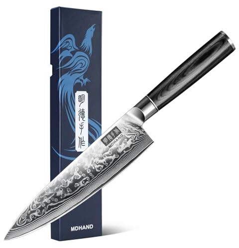 MDHAND Küchenmesser Damast Kochmesser Profi Messer, Scharfes Damastmesser Küchenmesser Chefmesser 20cm Damaststahl 67 Schichten mit Ergonomischem Griff | Damastmesser Scharf Küchenmesser 20 cm Damaststahl 67 Lagen mit ergonomischem Griff