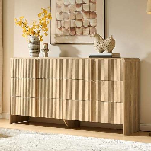 AMERLIFE 63 Fluted 6 Drawer Dresser, Long Modern Chest of Storage Drawers with Pine Handles, Rounded Corners & Anti-Tip Design, Wood Closet Organizer for Bedroom, Living Room, Nursery, Natural Oak