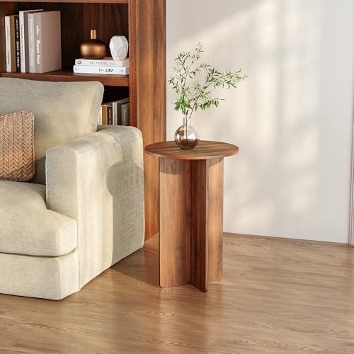 [en.casa] Table d’appoint avec Plateau Rond Petite Table Basse Bout de Canapé Guéridon Design Intemporel Salon Chambre Bureau Entrée Panneau de Particules 60 x 40 cm Effet Noyer