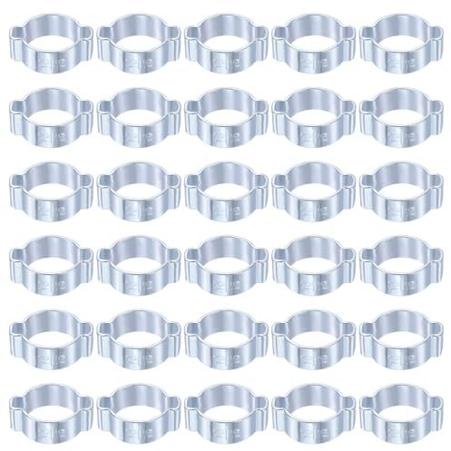 sourcing map 30pcs Double Ear Hose Clamp 13-15 mm Galvanized Steel Hose Clamp Double Ear O Clips Crimp Rings for Fuel Line Pipe Tube Fitting Connections, Silver